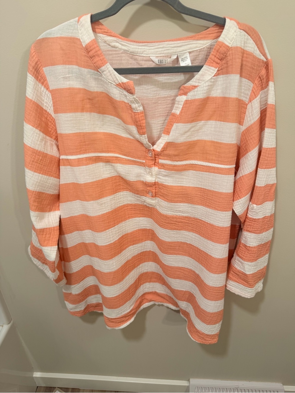 Kaktus Peach and White Striped Henley Tunic